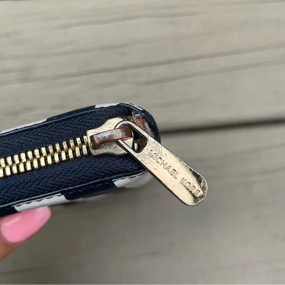 Michael Kors Blue White Leather Striped Zip Around Wallet
